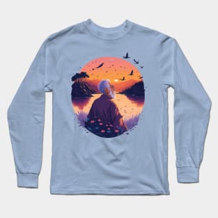 Old Man in a River with a Sunset Long Sleeve T-Shirt